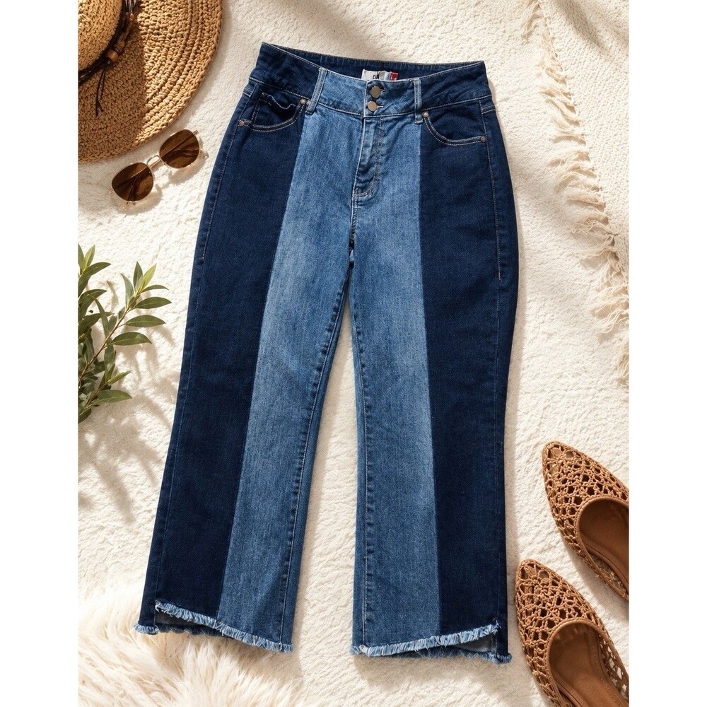 CAbi Women’s Jeans Size 12 Straight Leg Colorblock Blue Stretch Denim Raw Hem